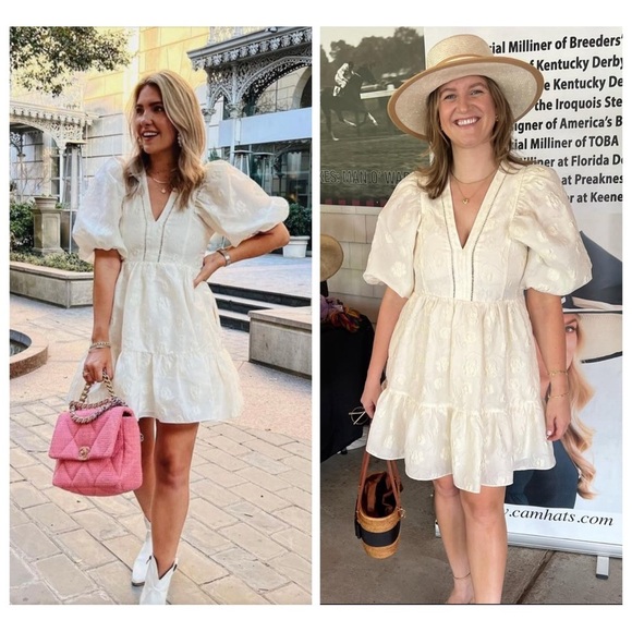 Hunter Bell Gaille Mini Dress Jacquard Ivory Flowers size XS Puff Sleeve Bridal - Picture 5 of 16